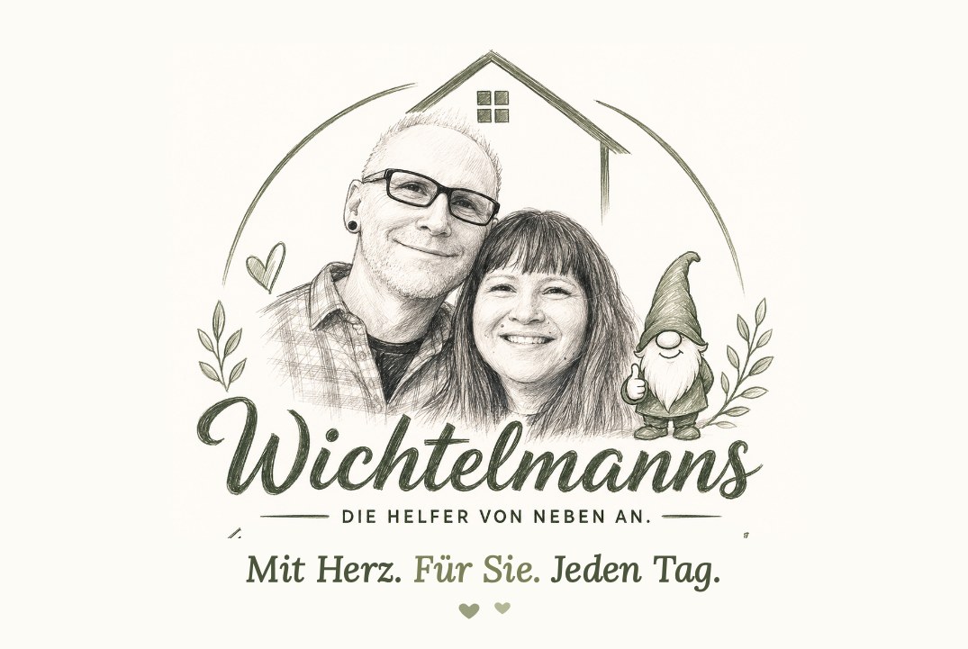 Visitenkarte Vorderseite: gezeichnetes Paar mit Haus und Wichtel, Schriftzug Wichtelmanns, Claim „Mit Herz. Für Sie. Jeden Tag.“